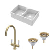 [BKS213WT12] Traditional Fireclay Kitchen Bundle: Double Bowl Stepped Weir Butler Sink, Wastes & Mono Lever Tap, 795mm - Brushed Brass - Cutout