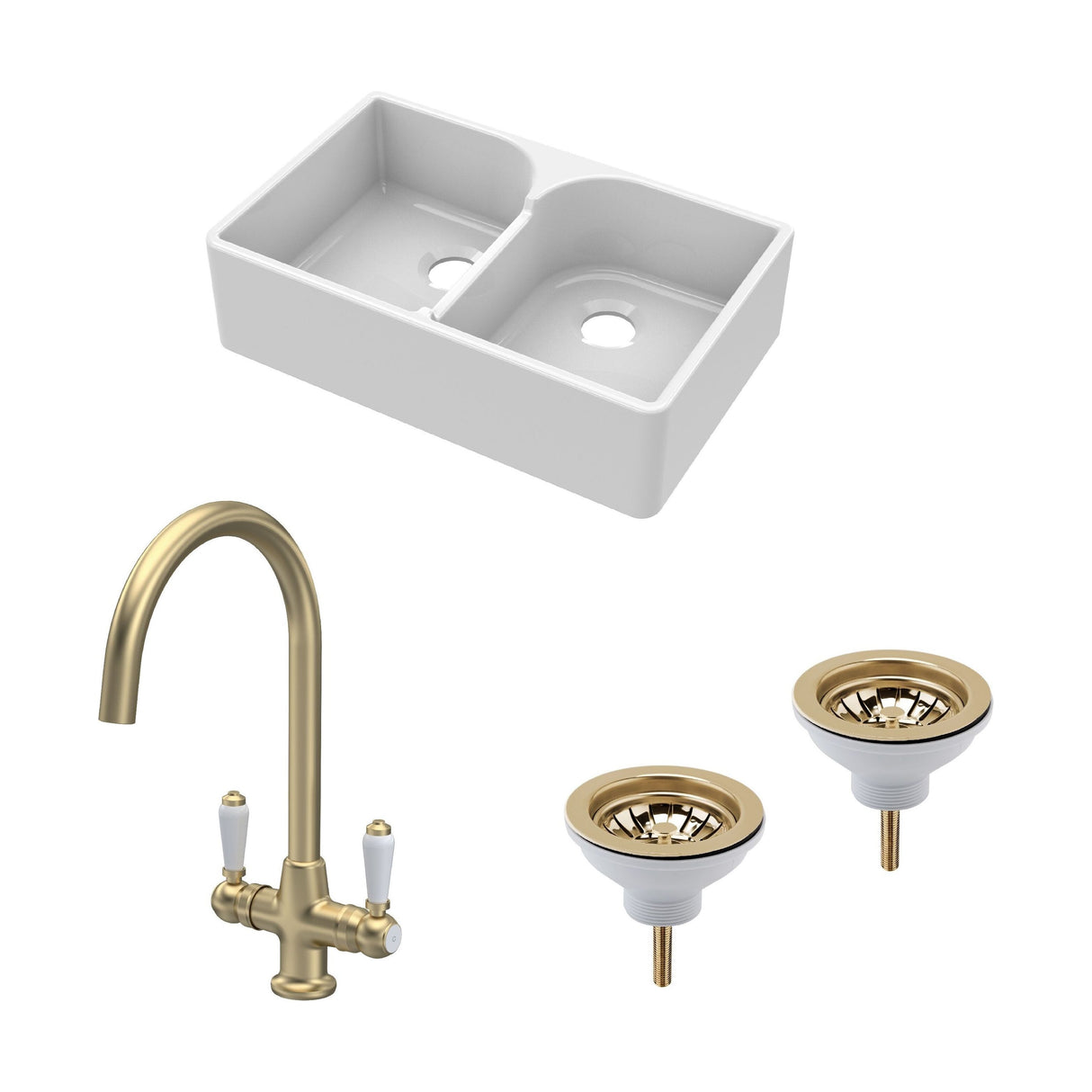 [BKS213WT12] Traditional Fireclay Kitchen Bundle: Double Bowl Stepped Weir Butler Sink, Wastes & Mono Lever Tap, 795mm - Brushed Brass - Cutout