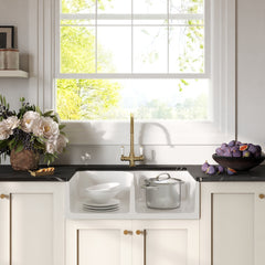 [BKS213WT12] Traditional Fireclay Kitchen Bundle: Double Bowl Stepped Weir Butler Sink, Wastes & Mono Lever Tap, 795mm - Brushed Brass - Lifestyle 1