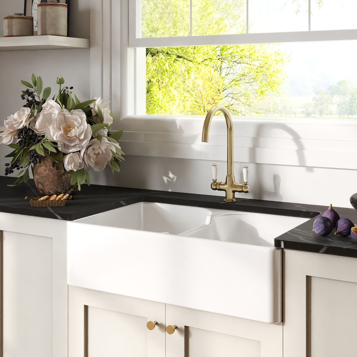 [BKS213WT12] Traditional Fireclay Kitchen Bundle: Double Bowl Stepped Weir Butler Sink, Wastes & Mono Lever Tap, 795mm - Brushed Brass - Lifestyle 3