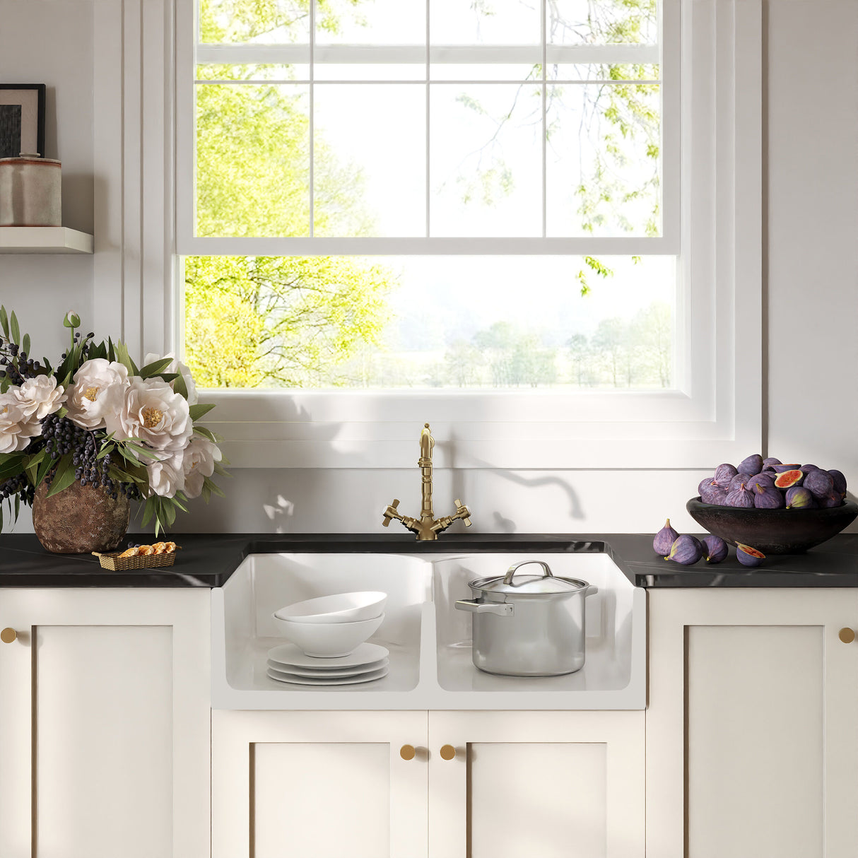 [BKS213WT13] Traditional Fireclay Kitchen Bundle: Double Bowl Stepped Weir Butler Sink, Wastes & French Classic Tap, 795mm - Brushed Brass - Lifestyle 1