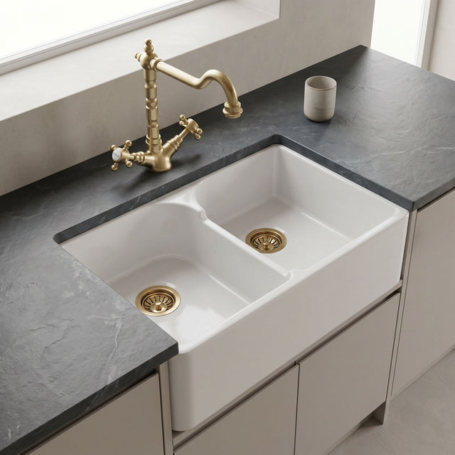 [BKS213WT13] Traditional Fireclay Kitchen Bundle: Double Bowl Stepped Weir Butler Sink, Wastes & French Classic Tap, 795mm - Brushed Brass - Silo