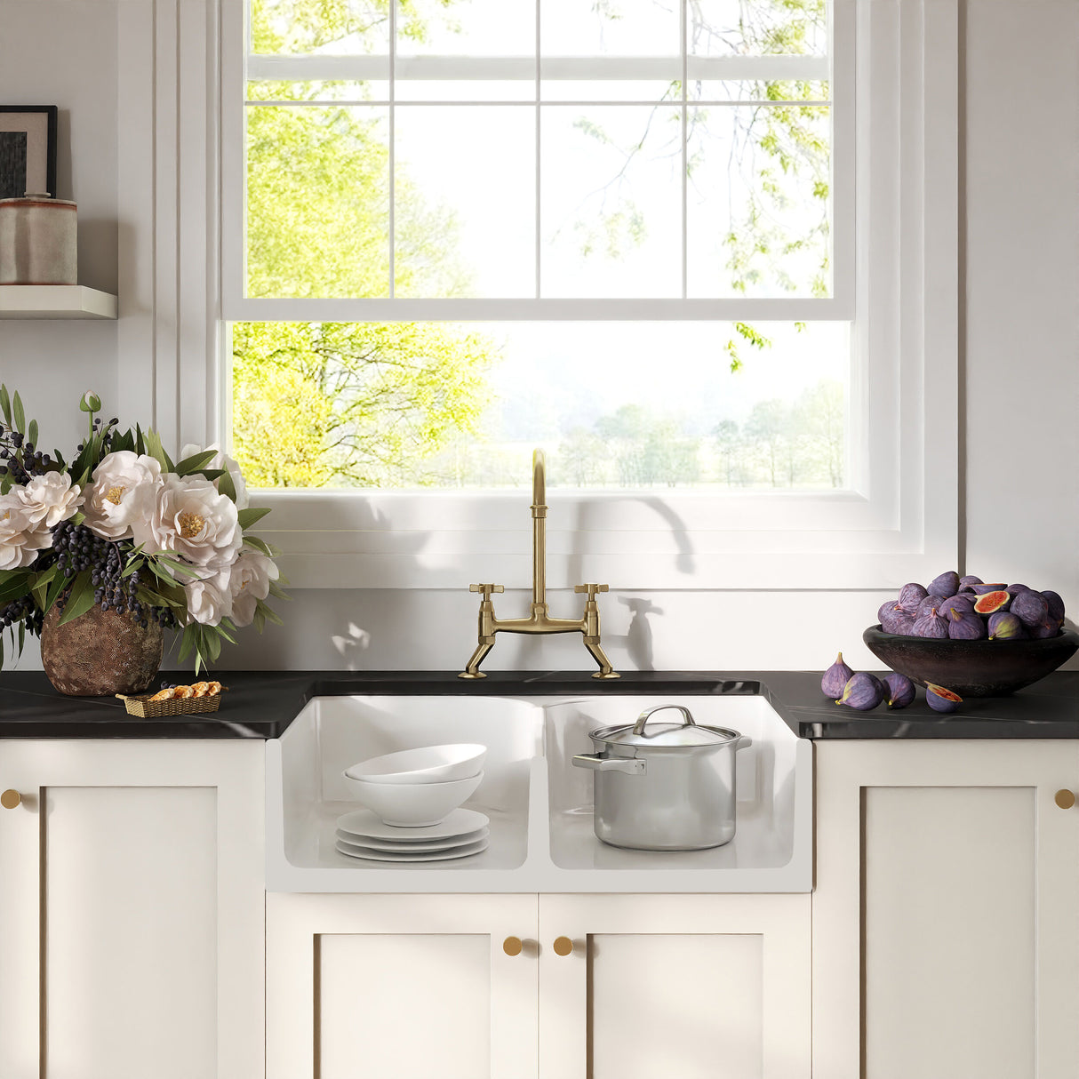 [BKS213WT14] Traditional Fireclay Kitchen Bundle: Double Bowl Stepped Weir Butler Sink, Wastes & Bridge Crosshead Tap, 795mm - Brushed Brass - Lifestyle 1