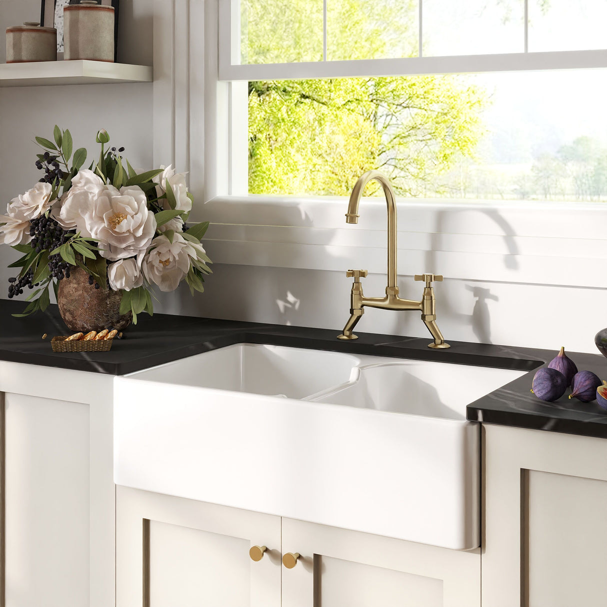[BKS213WT14] Traditional Fireclay Kitchen Bundle: Double Bowl Stepped Weir Butler Sink, Wastes & Bridge Crosshead Tap, 795mm - Brushed Brass - Lifestyle 3