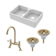 [BKS213WT15] Fireclay Kitchen Bundle - Double Bowl Stepped Weir Butler Sink, Wastes & Bridge Lever Tap, 795mm - Brushed Brass - Cutout