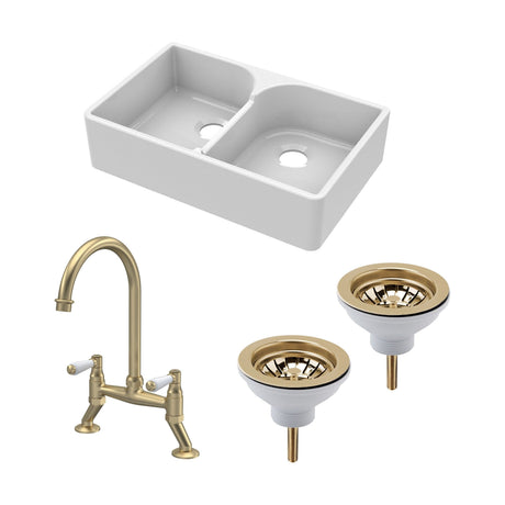 [BKS213WT15] Fireclay Kitchen Bundle - Double Bowl Stepped Weir Butler Sink, Wastes & Bridge Lever Tap, 795mm - Brushed Brass - Cutout