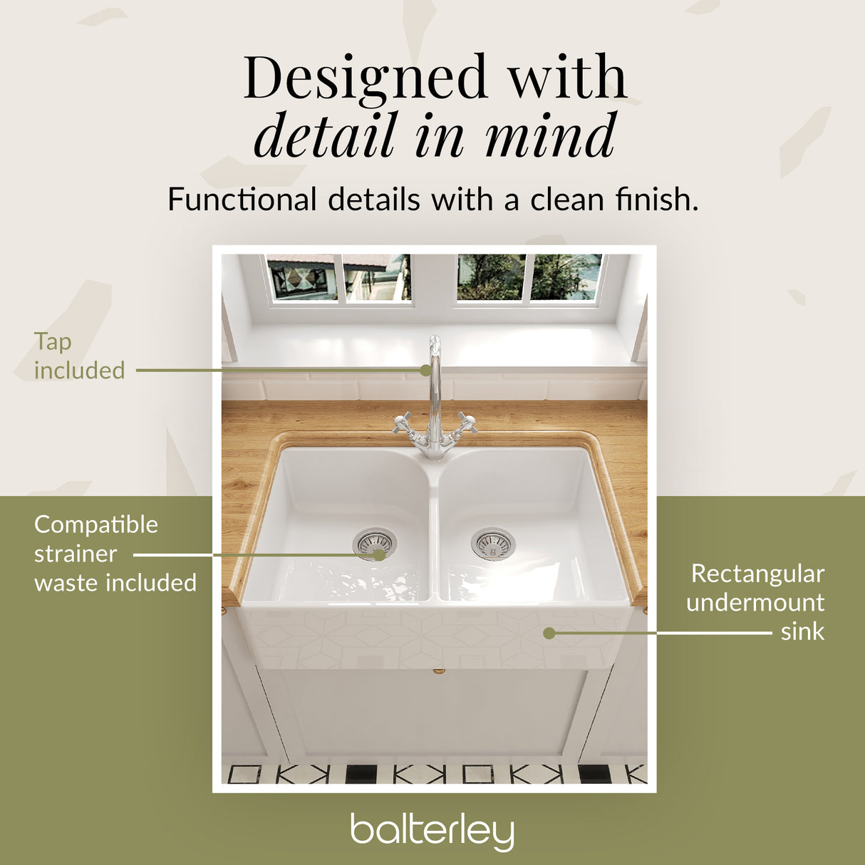 Double Bowl Fireclay Ceramic Stepped Weir Butler Kitchen Sink Bundle with Mono Mixer Tap & Waste