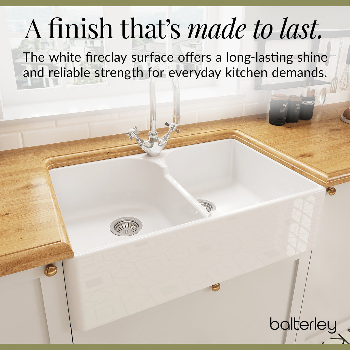Double Bowl Fireclay Ceramic Stepped Weir Butler Kitchen Sink Bundle with Mono Mixer Tap & Waste