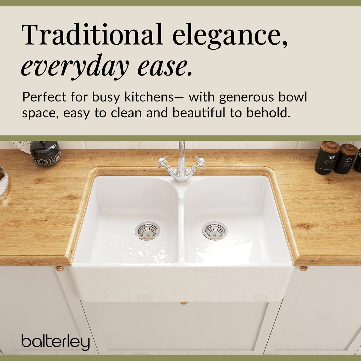 Double Bowl Fireclay Ceramic Stepped Weir Butler Kitchen Sink Bundle with Mono Mixer Tap & Waste