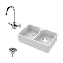 [BKS213WT2] Traditional Double Bowl Fireclay Ceramic Stepped Weir Butler Kitchen Sink Bundle with Mono Mixer Tap & Waste - 795mm - Cutout