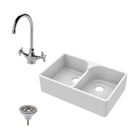 [BKS213WT2] Traditional Double Bowl Fireclay Ceramic Stepped Weir Butler Kitchen Sink Bundle with Mono Mixer Tap & Waste - 795mm - Cutout