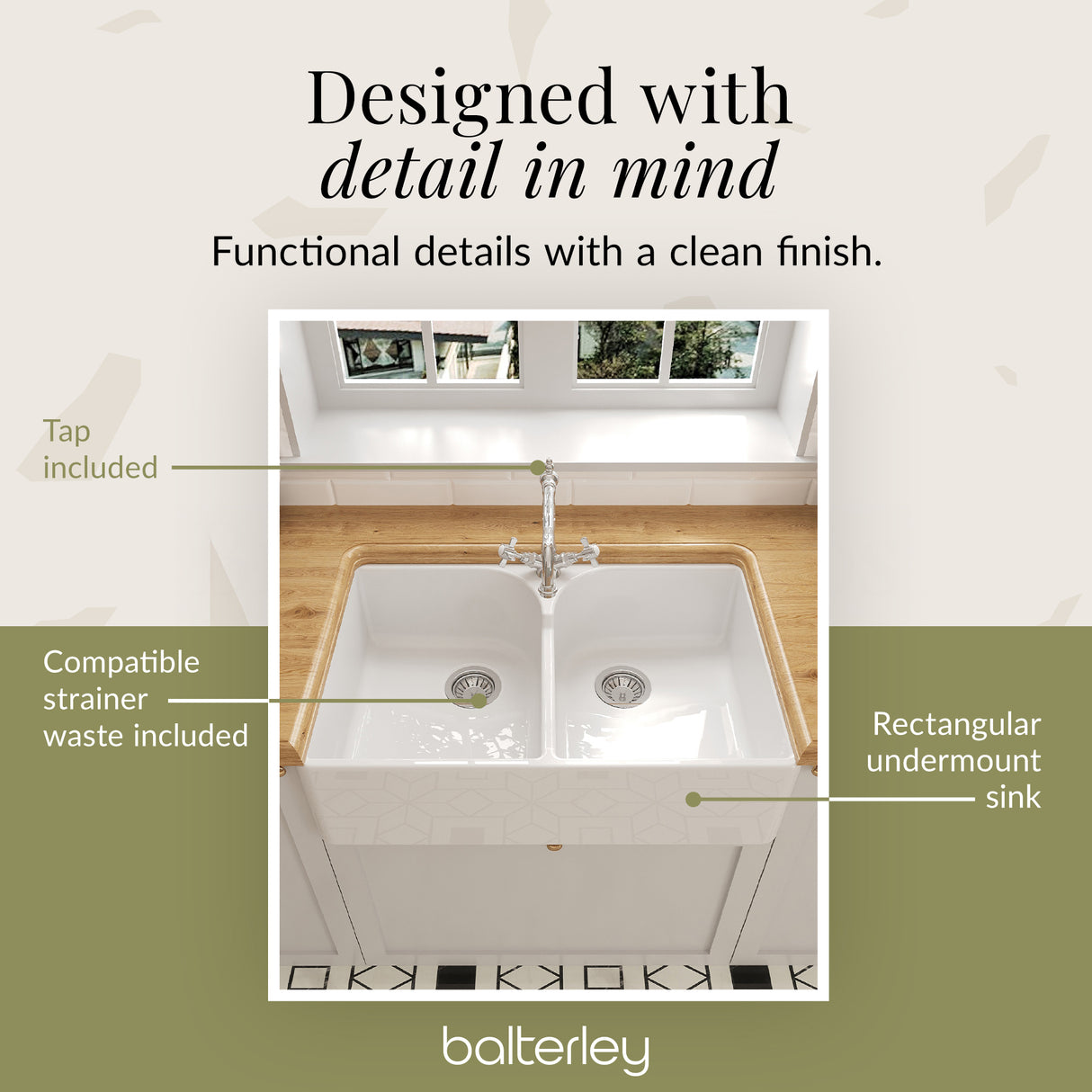 Double Bowl Fireclay Ceramic Butler Kitchen Sink Bundle with Stepped Weir, Classic Tap & Waste