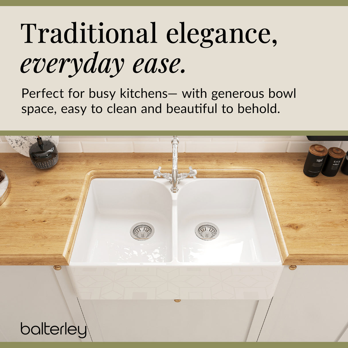 Double Bowl Fireclay Ceramic Butler Kitchen Sink Bundle with Stepped Weir, Classic Tap & Waste