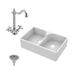 [BKS213WT4] Double Bowl Fireclay Ceramic Butler Kitchen Sink Bundle with Stepped Weir, Classic Tap & Waste - Cutout
