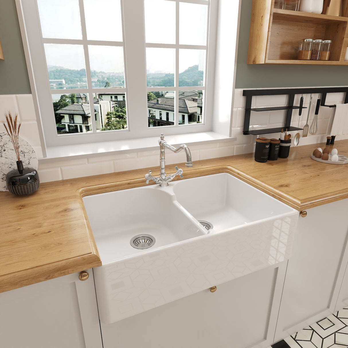 Double Bowl Fireclay Ceramic Butler Kitchen Sink Bundle with Stepped Weir, Classic Tap & Waste