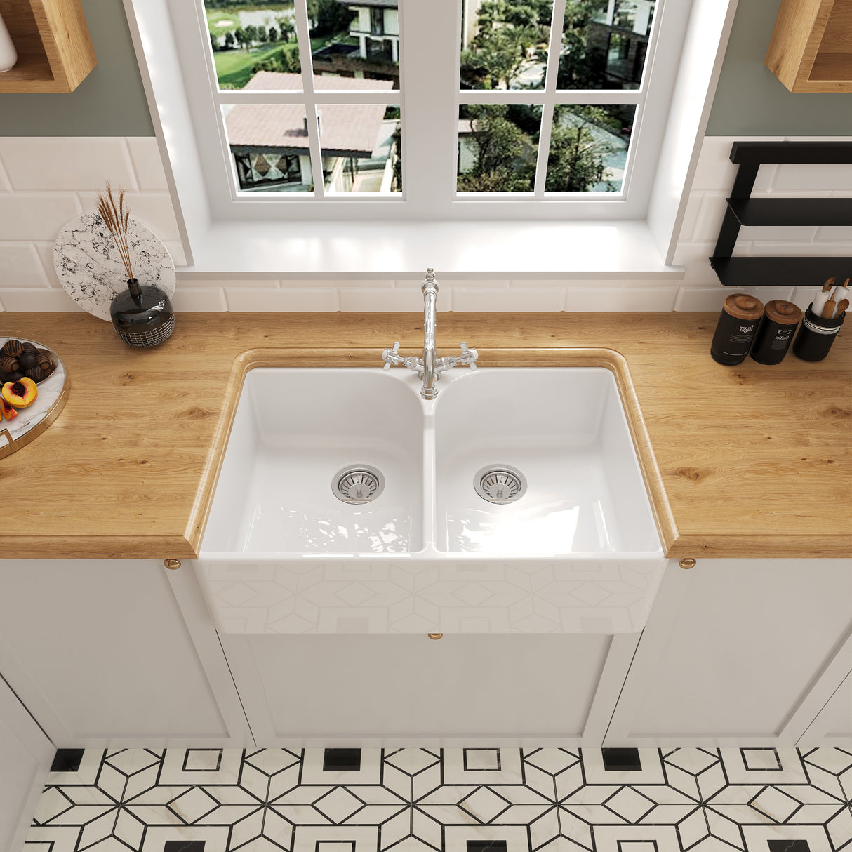 Double Bowl Fireclay Ceramic Butler Kitchen Sink Bundle with Stepped Weir, Classic Tap & Waste