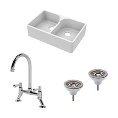 [BKS213WT5] Traditional Fireclay Kitchen Bundle: Double Bowl Stepped Weir Butler Sink, Wastes & Bridge Lever Tap, 795mm - Chrome - Cutout
