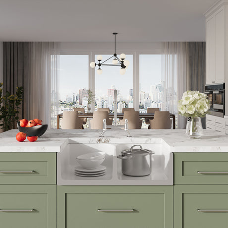 [BKS213WT5] Traditional Fireclay Kitchen Bundle: Double Bowl Stepped Weir Butler Sink, Wastes & Bridge Lever Tap, 795mm - Chrome - Lifestyle 1