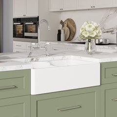 [BKS213WT5] Traditional Fireclay Kitchen Bundle: Double Bowl Stepped Weir Butler Sink, Wastes & Bridge Lever Tap, 795mm - Chrome - Lifestyle 3