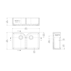 [BKS213W] Traditional Double Bowl Fireclay Ceramic Butler Kitchen Sink with Stepped Weir and Chrome Basket Strainer Wastes - 795mm - Technical Drawing