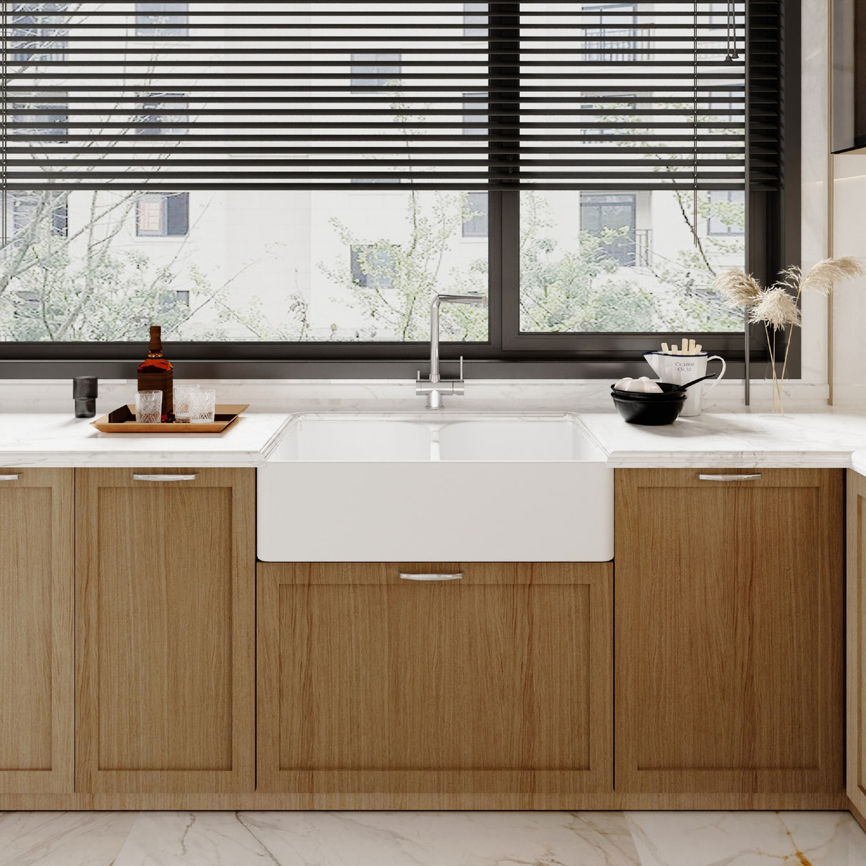 [BKS213W] Traditional Double Bowl Fireclay Ceramic Butler Kitchen Sink with Stepped Weir and Chrome Basket Strainer Wastes - 795mm - Lifestyle 1