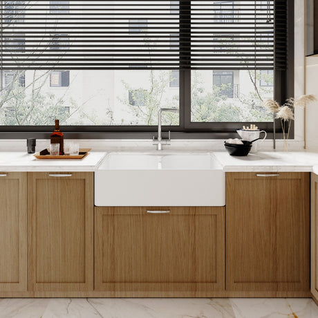 [BKS213W] Traditional Double Bowl Fireclay Ceramic Butler Kitchen Sink with Stepped Weir and Chrome Basket Strainer Wastes - 795mm - Lifestyle 1