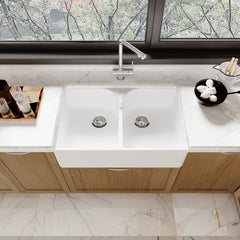 [BKS213W] Traditional Double Bowl Fireclay Ceramic Butler Kitchen Sink with Stepped Weir and Chrome Basket Strainer Wastes - 795mm - Lifestyle 2