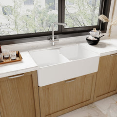 [BKS213W] Traditional Double Bowl Fireclay Ceramic Butler Kitchen Sink with Stepped Weir and Chrome Basket Strainer Wastes - 795mm - Lifestyle 3