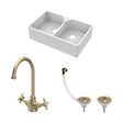 [BKS214WT11] Traditional Fireclay Kitchen Bundle: Double Bowl Stepped Weir Butler Sink, Wastes & Crosshead Tap, 795mm - Brushed Brass - Cutout