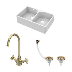 [BKS214WT11] Traditional Fireclay Kitchen Bundle: Double Bowl Stepped Weir Butler Sink, Wastes & Crosshead Tap, 795mm - Brushed Brass - Cutout