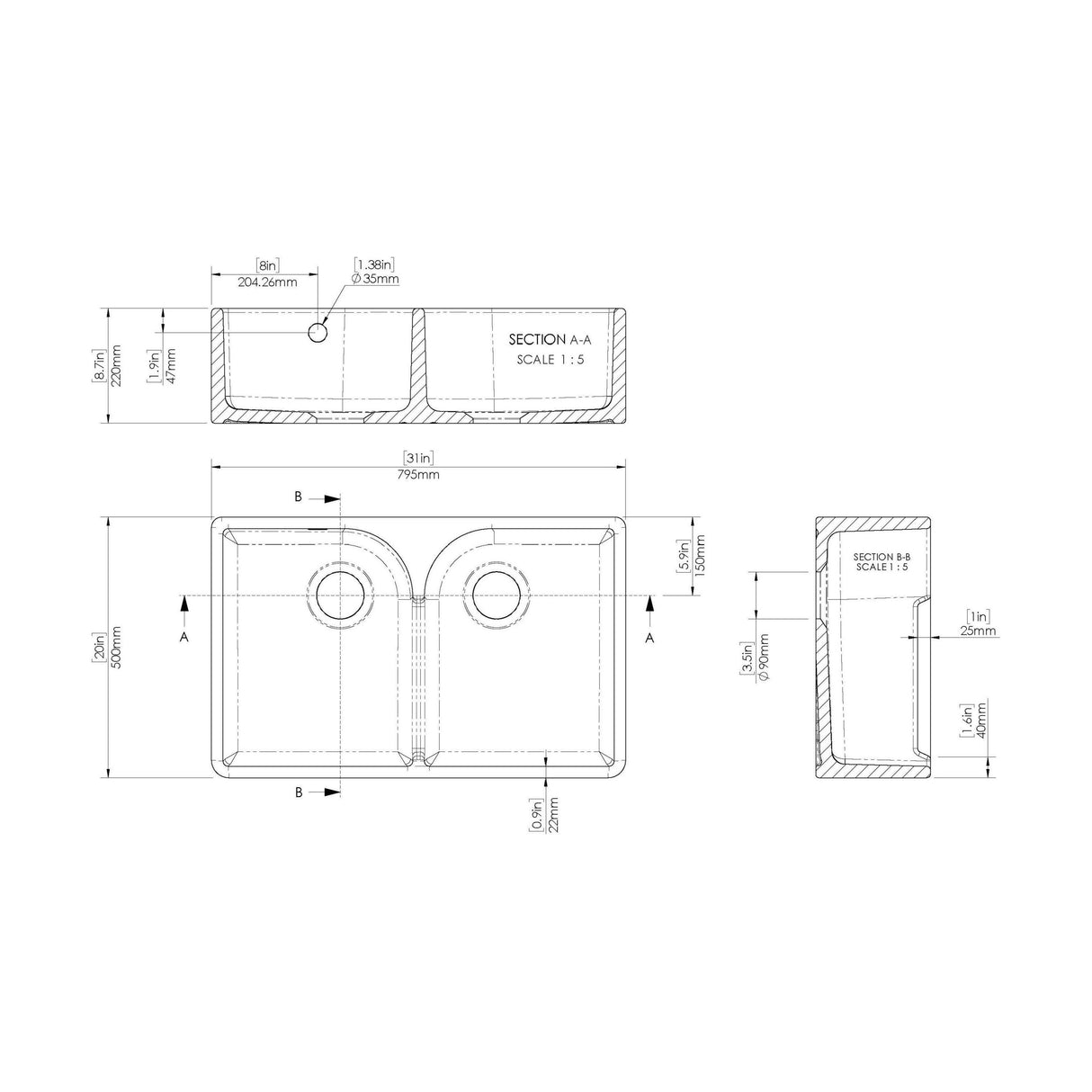 [BKS214WT11] Traditional Fireclay Kitchen Bundle: Double Bowl Stepped Weir Butler Sink, Wastes & Crosshead Tap, 795mm - Brushed Brass - Technical Drawing