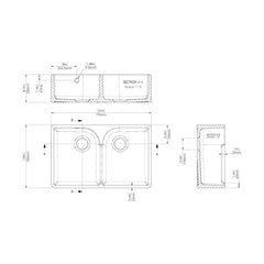 [BKS214WT11] Traditional Fireclay Kitchen Bundle: Double Bowl Stepped Weir Butler Sink, Wastes & Crosshead Tap, 795mm - Brushed Brass - Technical Drawing