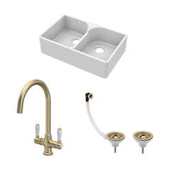 [BKS214WT12] Traditional Fireclay Kitchen Sink Bundle: 2 Bowl Butler Sink with Stepped Weir, Wastes & Lever Tap - 795mm - Brushed Brass - Cutout