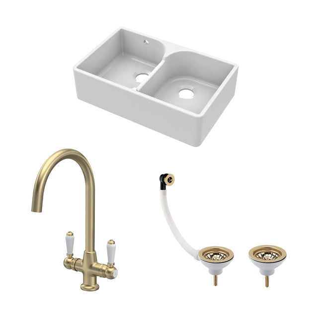 [BKS214WT12] Traditional Fireclay Kitchen Sink Bundle: 2 Bowl Butler Sink with Stepped Weir, Wastes & Lever Tap - 795mm - Brushed Brass - Cutout