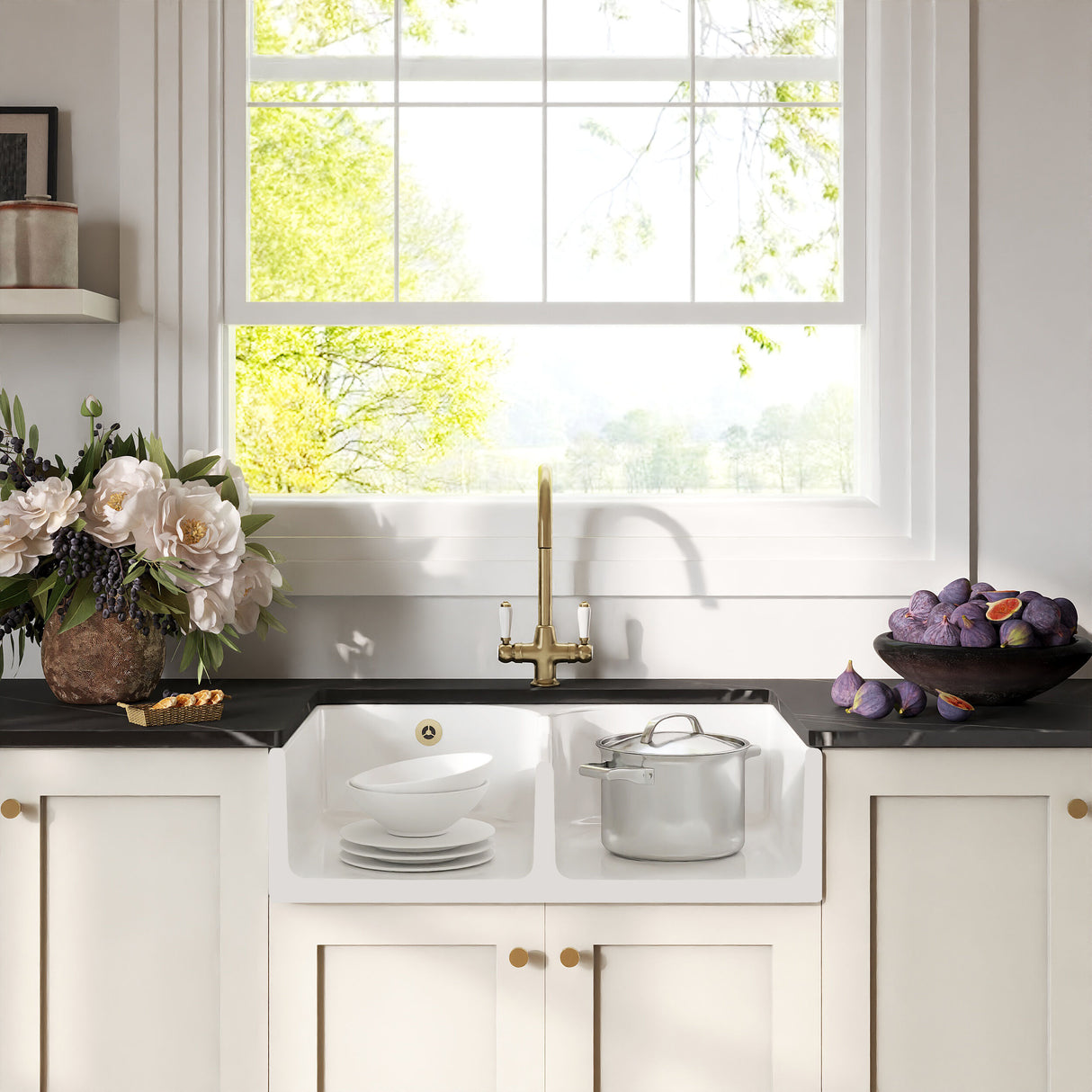 [BKS214WT12] Traditional Fireclay Kitchen Sink Bundle: 2 Bowl Butler Sink with Stepped Weir, Wastes & Lever Tap - 795mm - Brushed Brass - Lifestyle 1