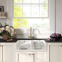 [BKS214WT12] Traditional Fireclay Kitchen Sink Bundle: 2 Bowl Butler Sink with Stepped Weir, Wastes & Lever Tap - 795mm - Brushed Brass - Lifestyle 1