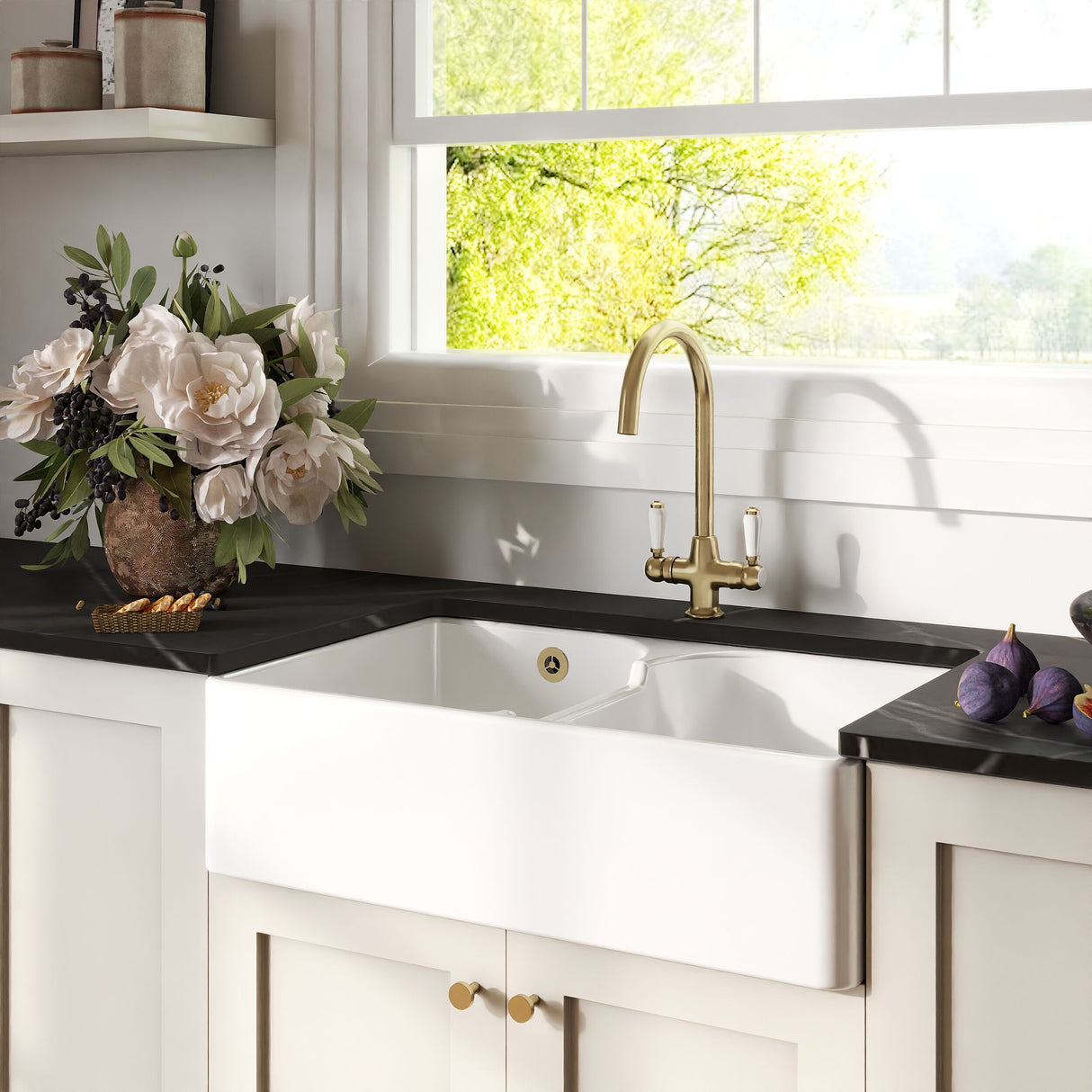 [BKS214WT12] Traditional Fireclay Kitchen Sink Bundle: 2 Bowl Butler Sink with Stepped Weir, Wastes & Lever Tap - 795mm - Brushed Brass - Lifestyle 3
