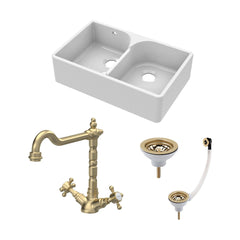 [BKS214WT13] Traditional Fireclay Kitchen Bundle: Double Bowl Stepped Weir Butler Sink, Wastes & French Tap, 795mm - Brushed Brass - Cutout