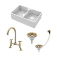 [BKS214WT14] Traditional Fireclay Kitchen Bundle: Double Bowl Stepped Weir Butler Sink, Wastes & Crosshead Tap, 795mm - Brushed Brass - Cutout