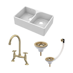 [BKS214WT14] Traditional Fireclay Kitchen Bundle: Double Bowl Stepped Weir Butler Sink, Wastes & Crosshead Tap, 795mm - Brushed Brass - Cutout