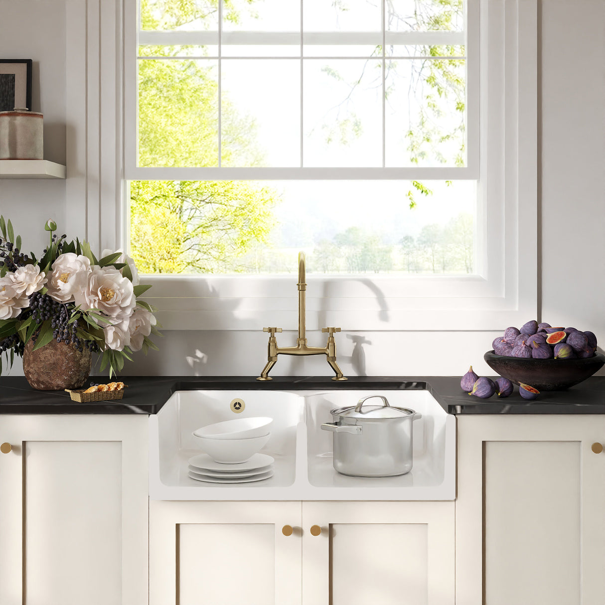 [BKS214WT14] Traditional Fireclay Kitchen Bundle: Double Bowl Stepped Weir Butler Sink, Wastes & Crosshead Tap, 795mm - Brushed Brass - Lifestyle 1
