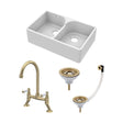 [BKS214WT15] Traditional Fireclay Kitchen Sink Bundle: 2 Bowl Butler Sink with Stepped Weir, Wastes & Bridge Lever Tap, 795mm - Brushed Brass - Cutout