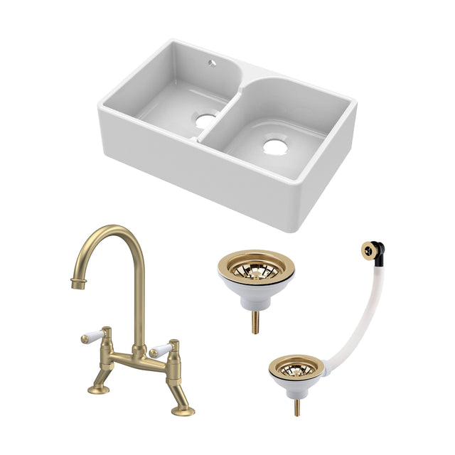 [BKS214WT15] Traditional Fireclay Kitchen Sink Bundle: 2 Bowl Butler Sink with Stepped Weir, Wastes & Bridge Lever Tap, 795mm - Brushed Brass - Cutout