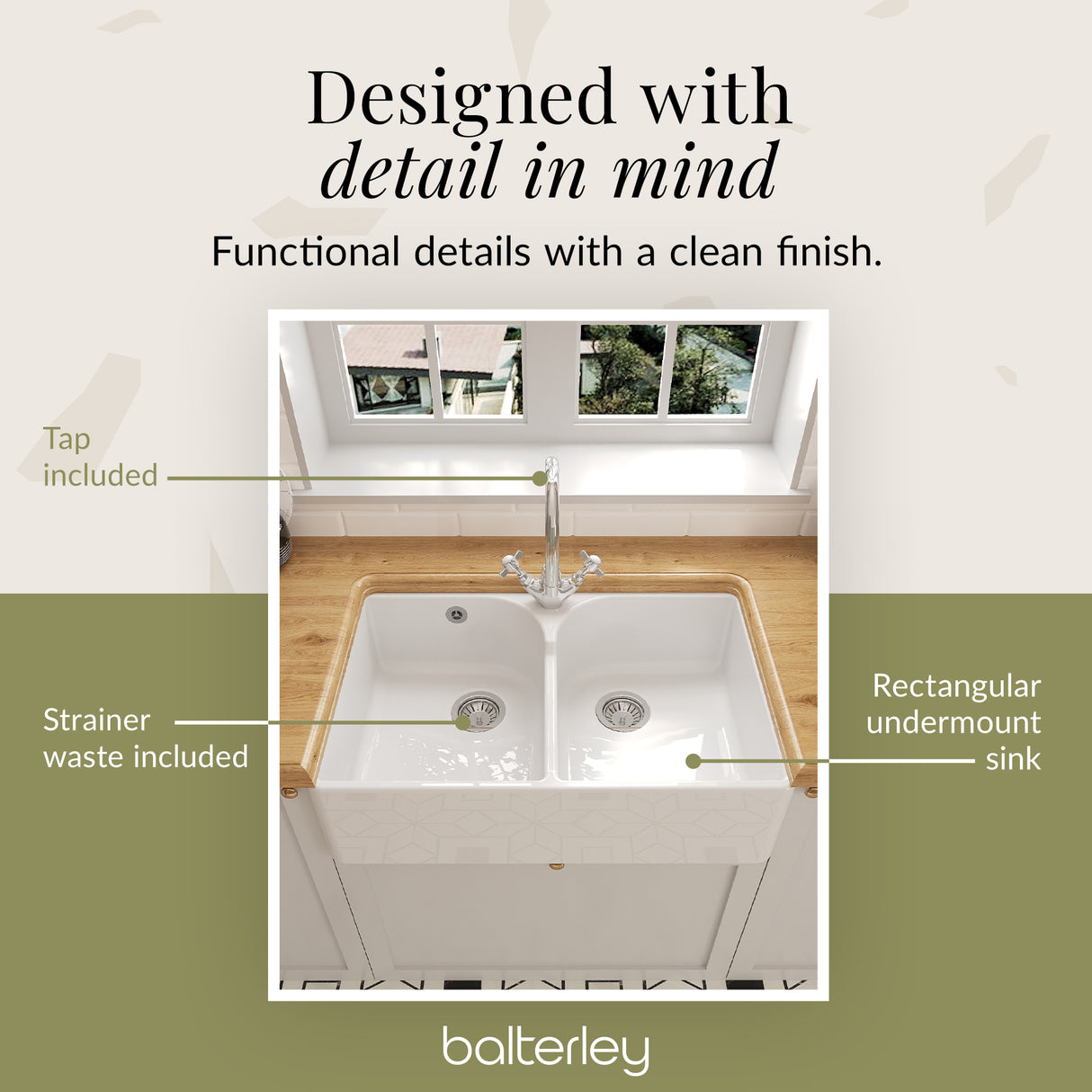 Double Bowl Fireclay Ceramic Butler Kitchen Sink Bundle with Stepped Weir, Mixer Tap & Wastes