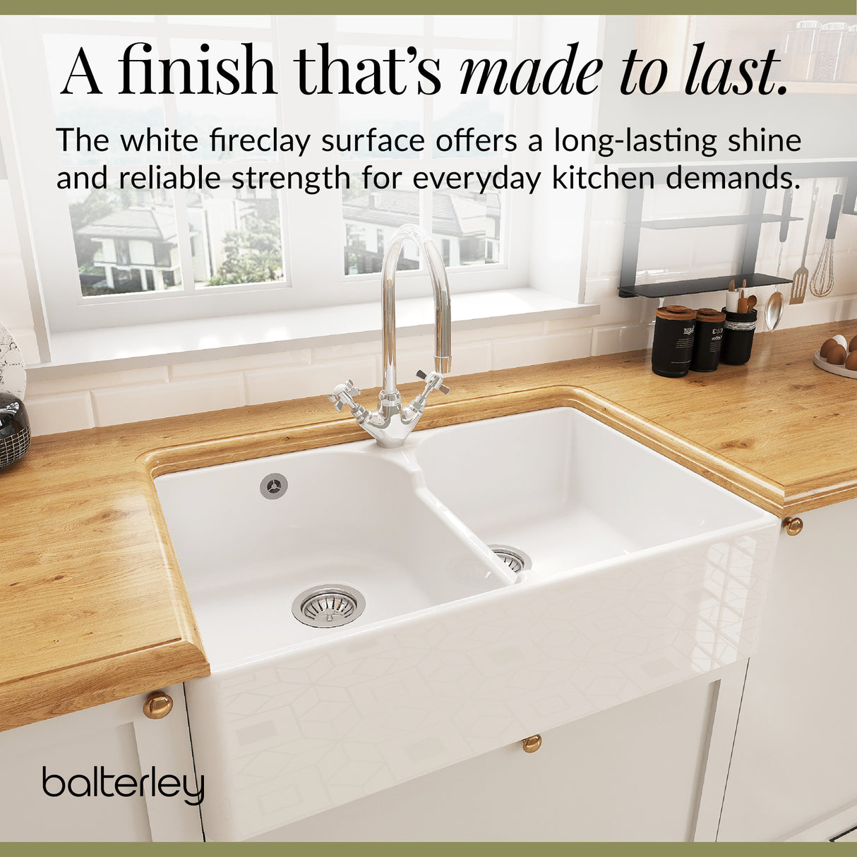 Double Bowl Fireclay Ceramic Butler Kitchen Sink Bundle with Stepped Weir, Mixer Tap & Wastes