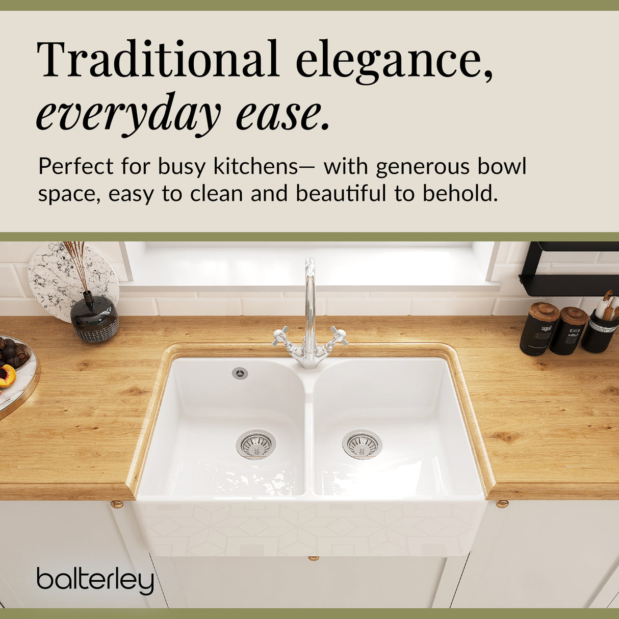 Double Bowl Fireclay Ceramic Butler Kitchen Sink Bundle with Stepped Weir, Mixer Tap & Wastes