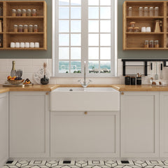 [BKS214WT2] Traditional Double Bowl Fireclay Ceramic Butler Kitchen Sink Bundle with Stepped Weir, Mixer Tap & Wastes - Lifestyle 1