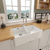 Double Bowl Fireclay Ceramic Butler Kitchen Sink Bundle with Stepped Weir, Mixer Tap & Wastes