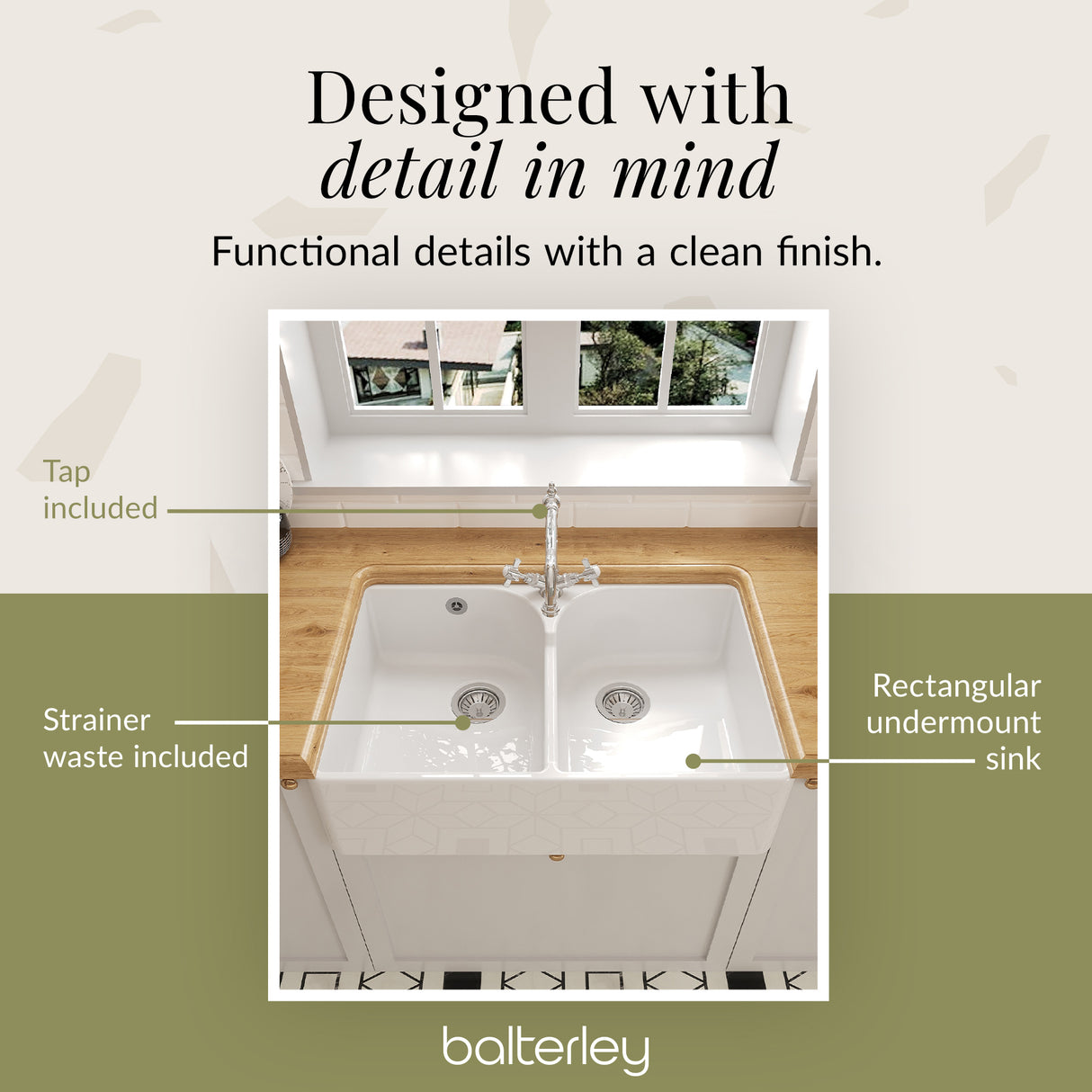 Double Bowl Fireclay Ceramic Butler Kitchen Sink Bundle with Stepped Weir, Classic Tap & Wastes