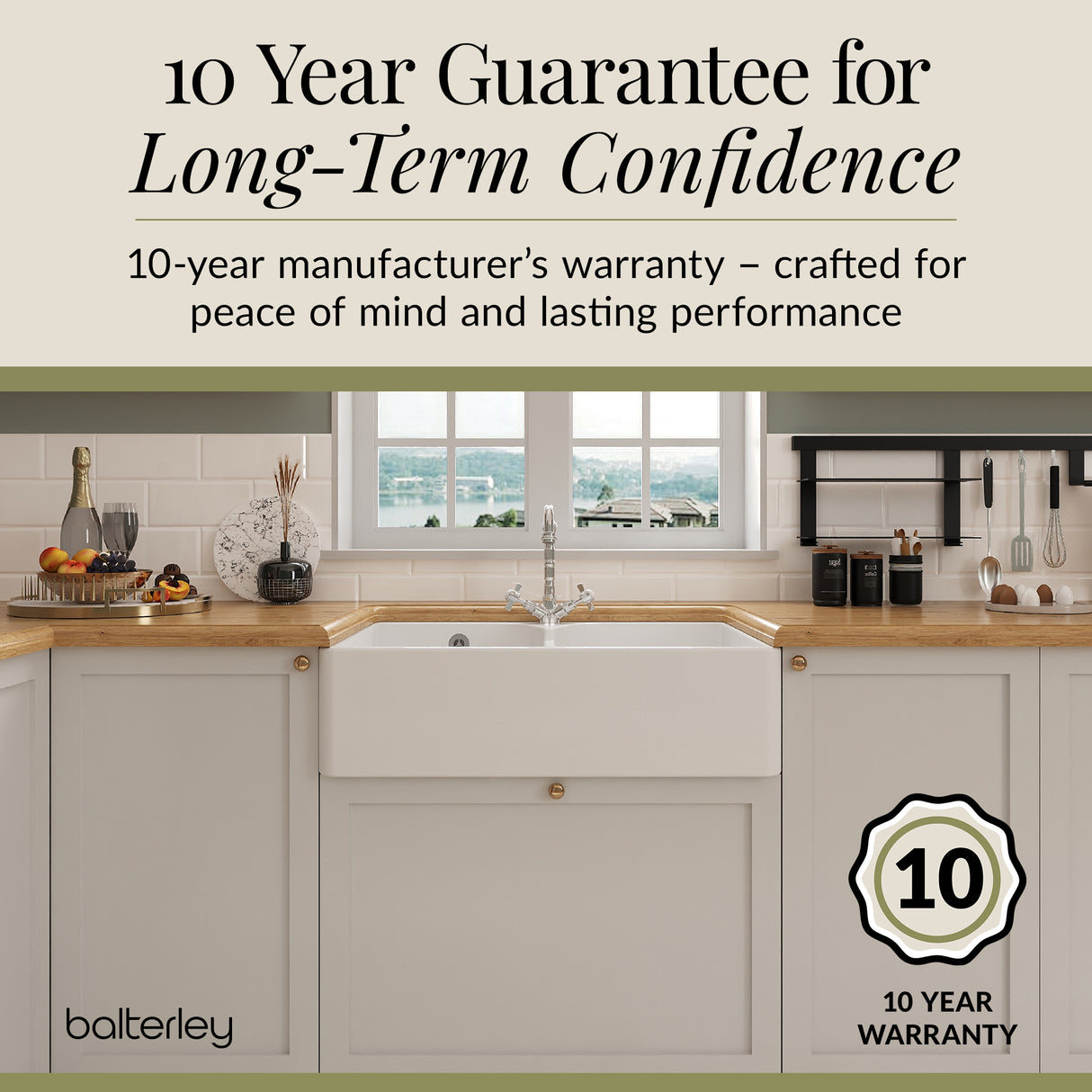 Double Bowl Fireclay Ceramic Butler Kitchen Sink Bundle with Stepped Weir, Classic Tap & Wastes